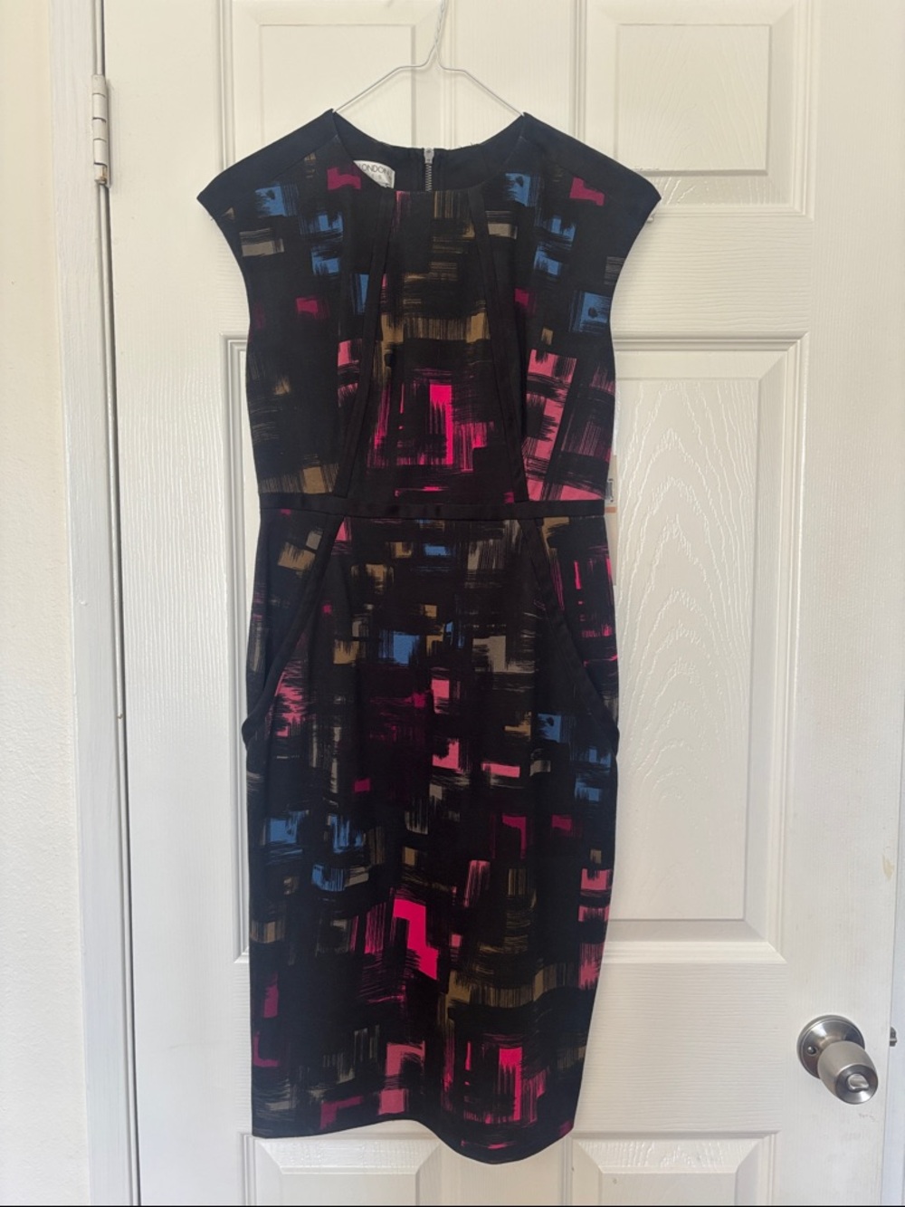 Black Printed Petite Sheath Dress with Pink & Blue Accents
